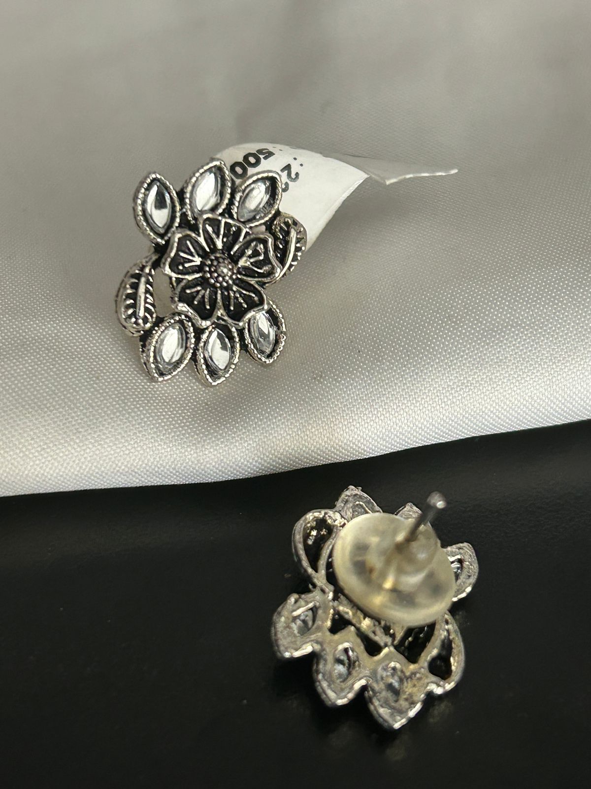 Floral Oxidized Stud Earrings with Mirror Work